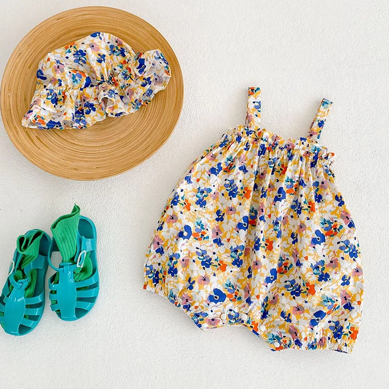 

Sweet Newborn Kids Baby Girls Sleeveless Floral Jumpsuits Clothes + Hat Summer Infant Kids Baby Girls Children Rompers