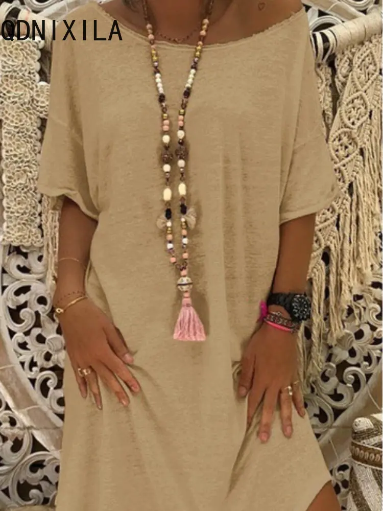 

Chic and Elegant Woman Dress Summer New Dress Pure Color Round Collar Short Sleeve Casual Loose Beach Mini Dress Streetwear