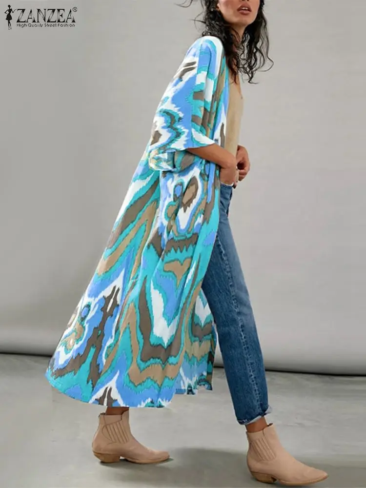 ZANZEA Bohemian Printed Baggy Cardigans 2022 Summer Holiday Long Kimonos Women Casual Open Front Tops Chic Beach Blouse Oversize