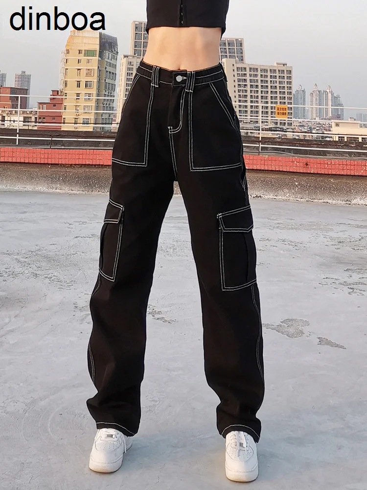 

Dinboa-pockets Patchwork Baggy Jeans Fashion Streetwear 100% Cotton Women Denim Trouser Loose Cargo Pants Korean Y2k Harajuku