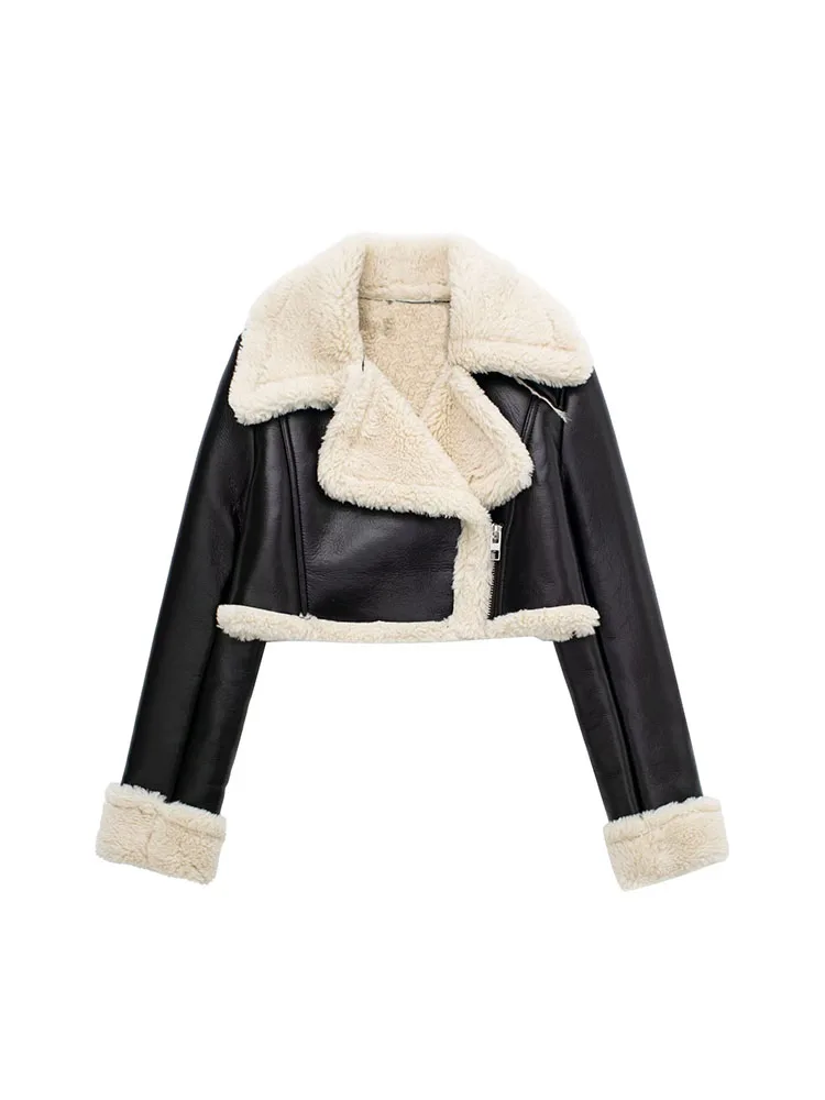 Women Fashion Thick Warm Faux Shearling Crop Jacket Coat Vintage Long Sleeve Front Zipper Female Outerwear Chic Tops