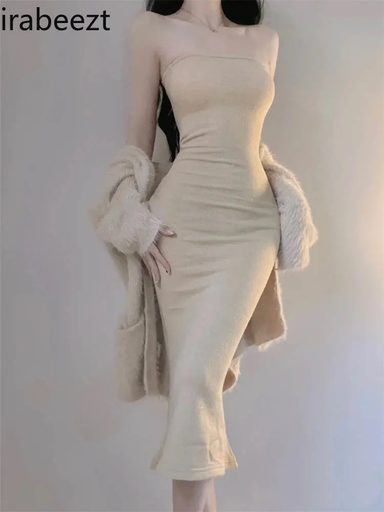 

Зимние женские комплекты с юбкой Irabeezt, однотонные элегантные длинные платья без рукавов, свободные кардиганы, винтажные комплекты из двух п...