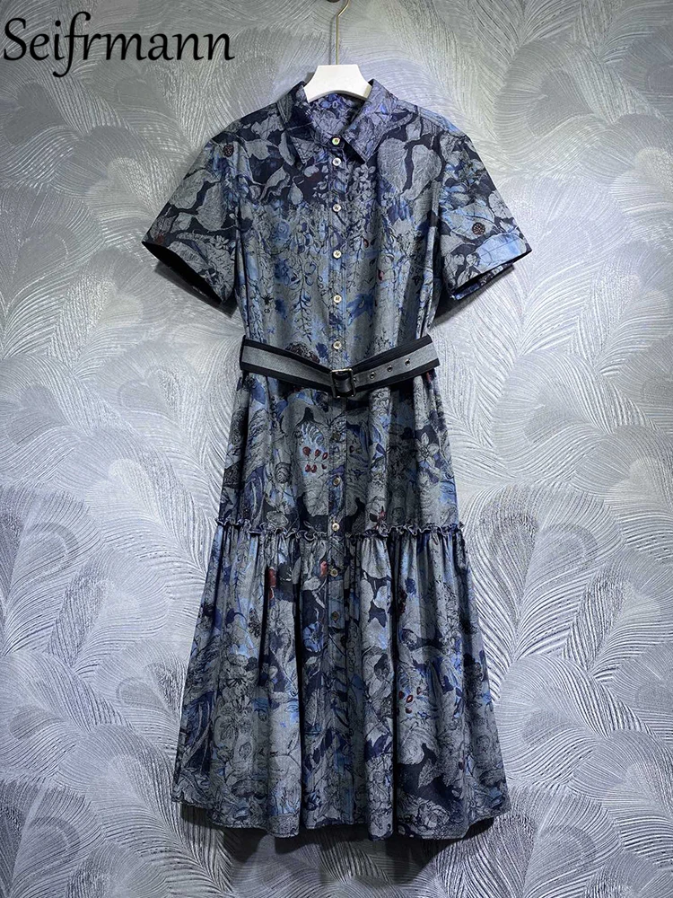 Seifrmann High Quality Summer Women Fashion Runway Vintage Midi Dress With Belt Short Sleeve Printed Ruffles Trim Cotton Dresses