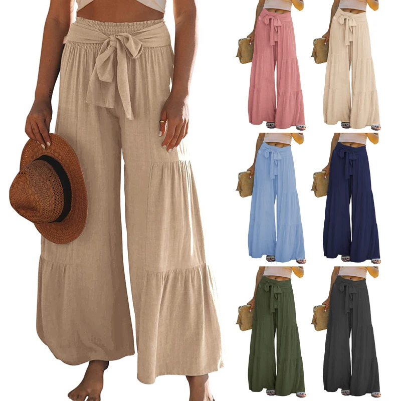 

Women Solid Wide Leg Pants Loose Summer Fashion Loose Trousers Lace Up Long Pants Beach Casual Pants