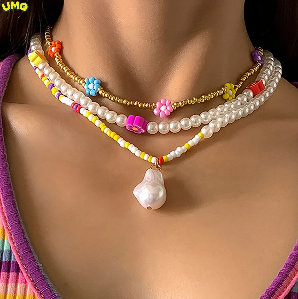 

Fashion holiday Style Daisy Flower Rice Bead Necklace Baroque Shaped Imitation Pearl Necklace Femalegifts for Women