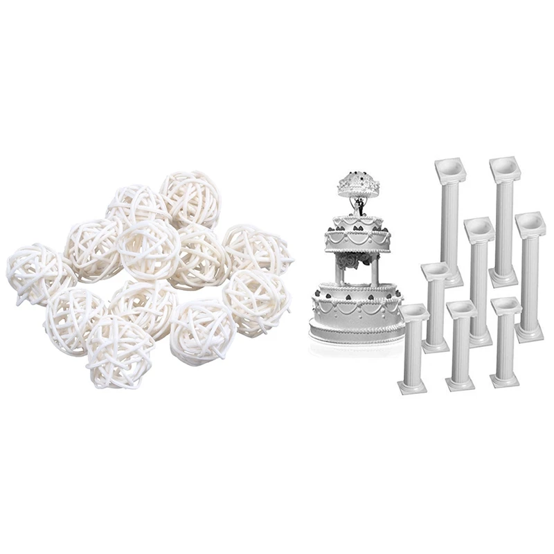 

12 Pcs 3Cm Rattan Wicker Ball For Garden, Wedding, Party Decoration & 8Pcs White Small+Large Plastic Cake Pillars