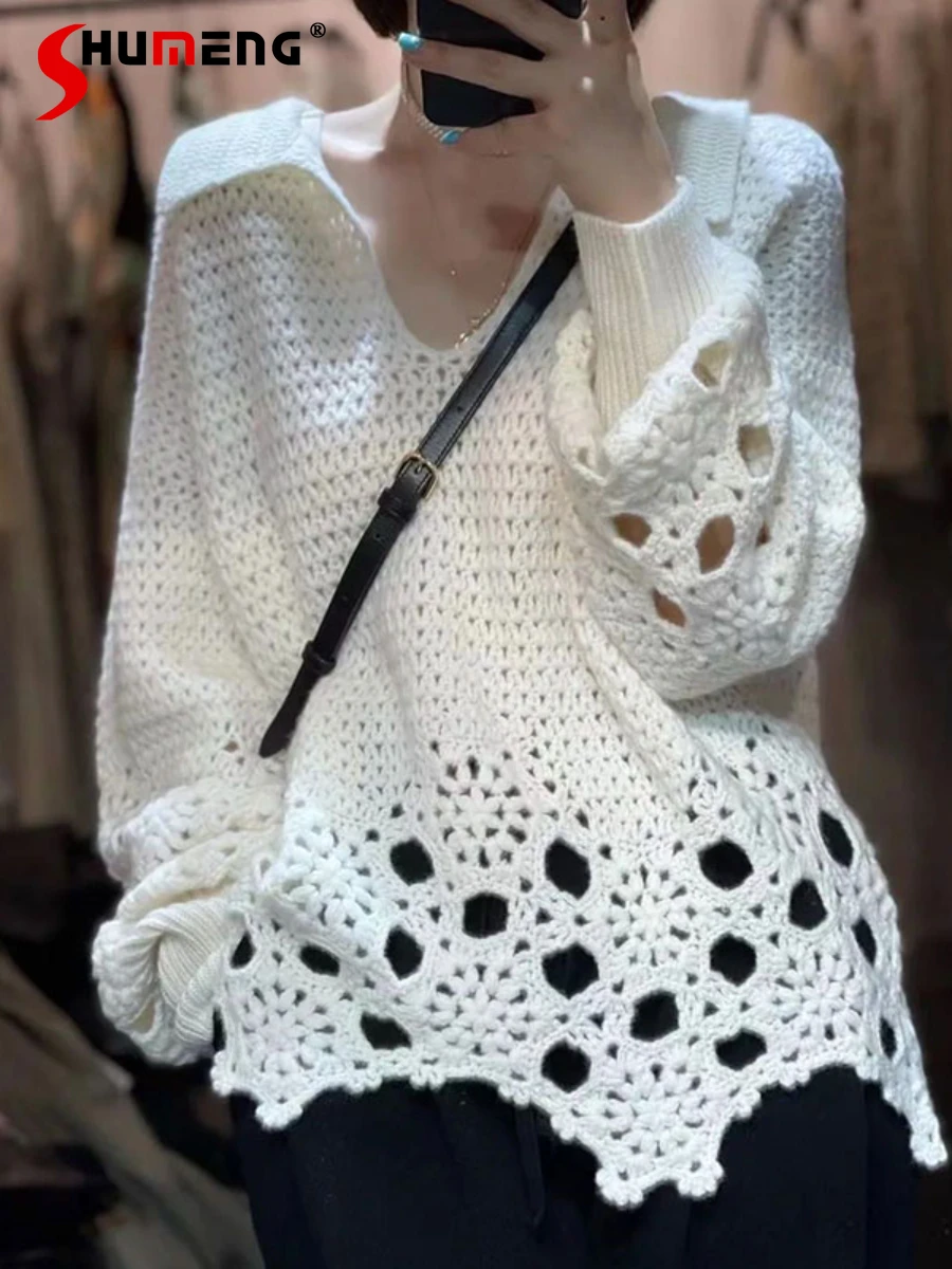 

High-Grade Exquisite Hollow-out Woven White Pullover Sweater for Women 2022 Spring Summer Thin Long Sleeve Knitted Sweater Top