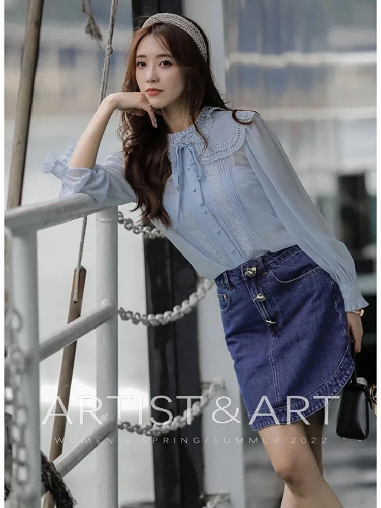 

High Quality Summer Women Fashion Runway Designer Long Lantern Sleeve Cutout Lace Blouses Solid Color Print Shirts
