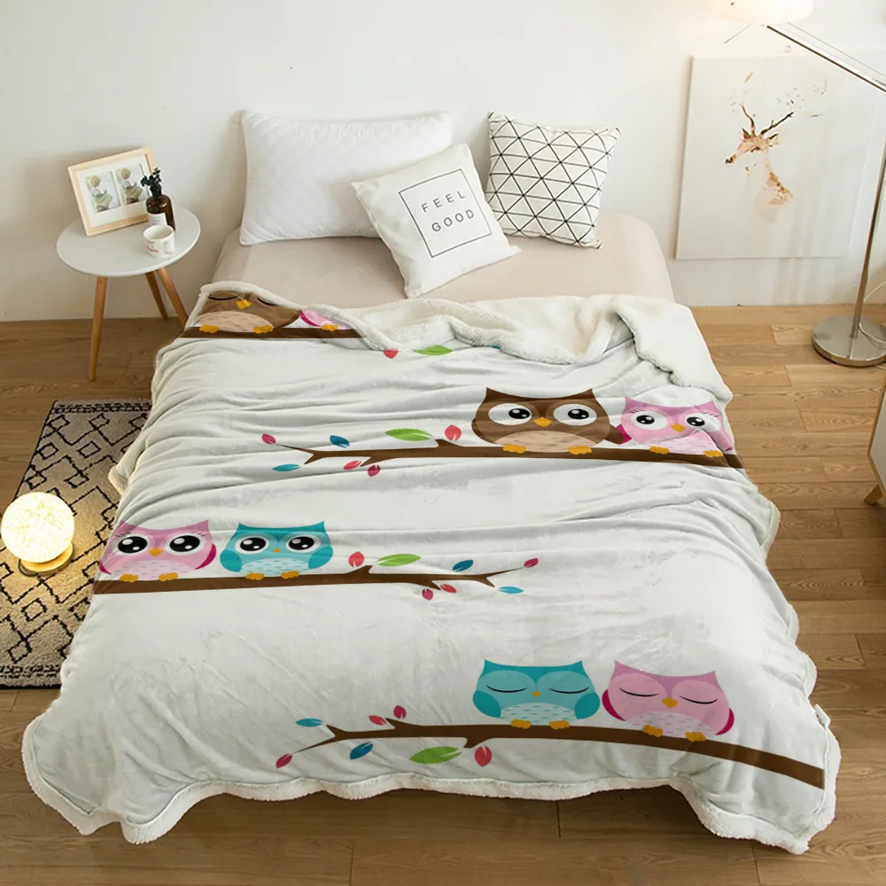 

Cartoon Owl Couple Standing On A Branch Lamb Cashmere Fleece Blanket Home Bed Sofa Winter Sherpa Bedding Kids Thick Bedspread