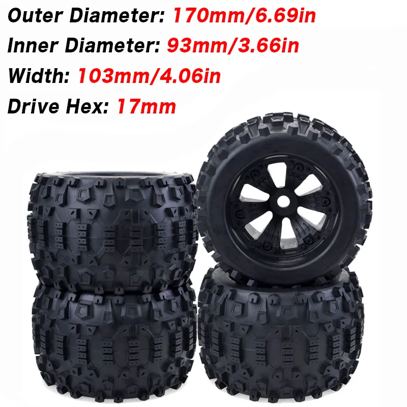 4pcs 170*103mm 1/8 Monster truck wheels tires for Redcat Rovan HPI  Savage XL MOUNTED GT FLUX HSP 1/8 monster truck