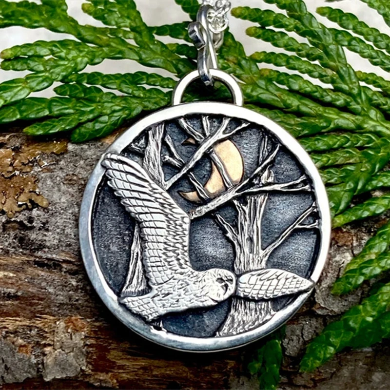 

Crescent Moon Silver Color Forest Owl Round Pendant Necklaceds for Women Female Party Fashion Boho Jewelry Statement Necklace