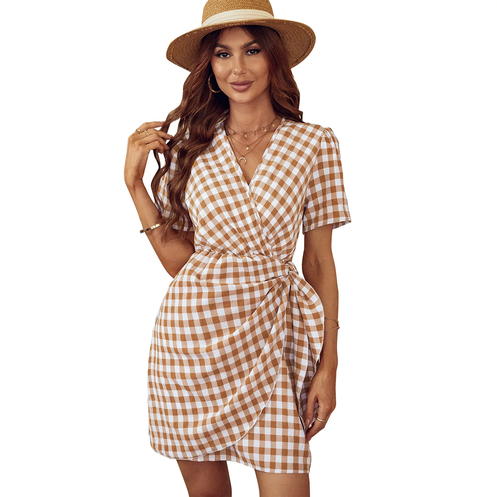 

2022 New Women Plaied Summer Dress Europe And America Women Sexy V-neck Dress Fashion Bow Dress 4 Colors Drop Shipping