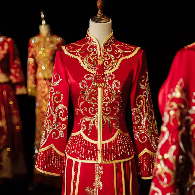 

Элегантное платье Чонсам с блестками и бисером и кисточками, традиционная китайская застольная одежда для невесты, женское свадебное платье, костюм Тан