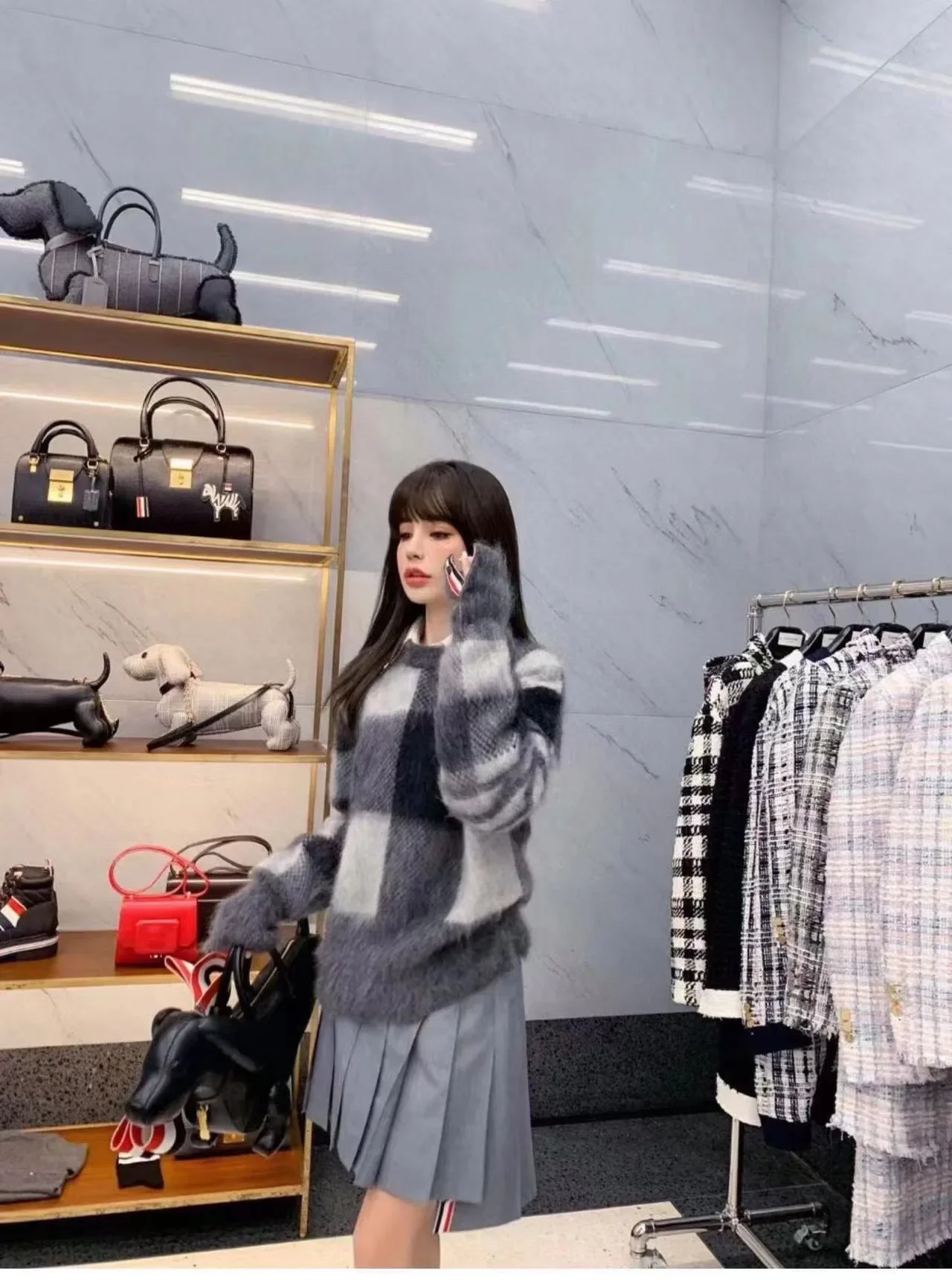 Tbangoras свитер с круглым вырезом в клетку полоску серый красный белый синий вязаный