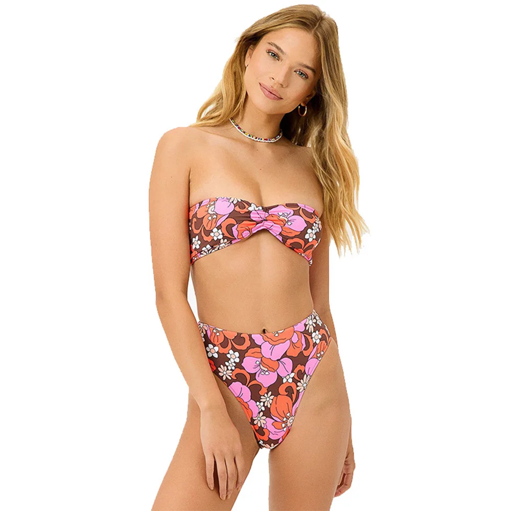 

Новые женские пикантные Купальники без бретелек с цветочным принтом и средней талией, летний купальный костюм, комплект бикини пуш-ап, женская пляжная одежда