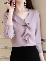 elegant fashion ruffles solid color office lady shirts summer autumn 2022 long sleeve womens clothing grace pullovers blouses