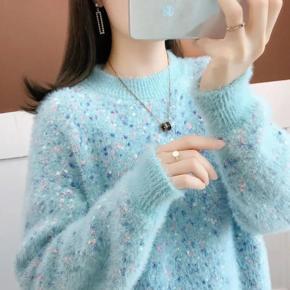 

2022 New Autumn Winter O-Neck Sweater Thickening Warm Women's Loose Pullover Clothes Mink Velvet Bottoming Tops Female T110
