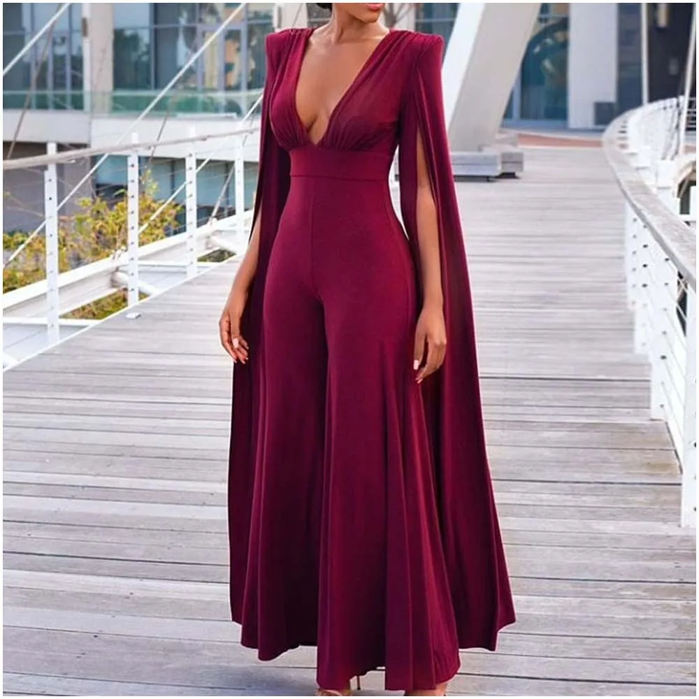 

2022 Elegant Burgundy Jumpsuit Sexy Deep V-Neck Flared Pants Shoulder Pads Long Swing Sleeves Party Celebrity Nightclub Jumpsuit