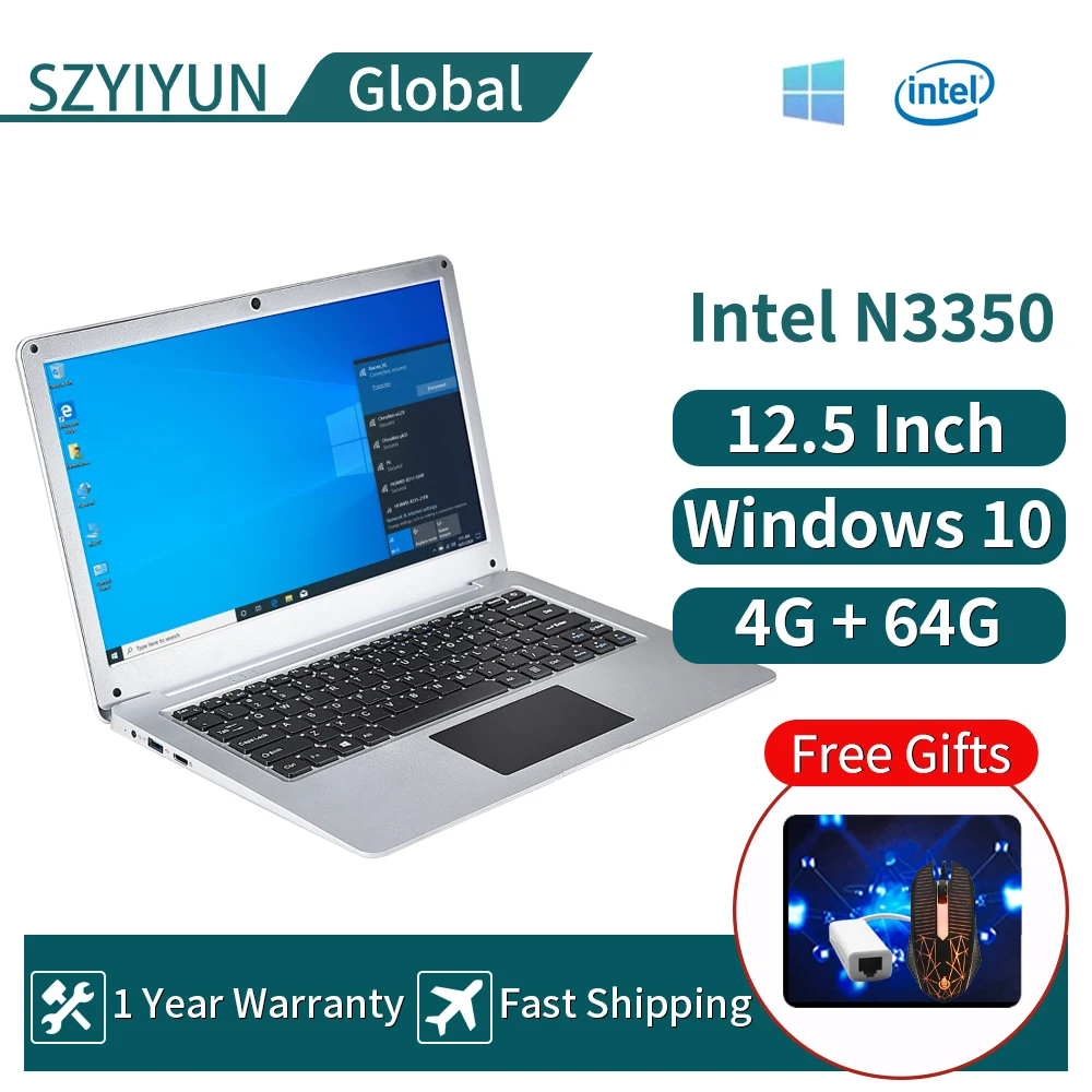 12.5 Inch Intel N3350 Netbook Lightweight Ultra-Thin 4GB+64GB Small Laptop Windows 10  Pro 64-Bit Netbook Ultrabook Office PC