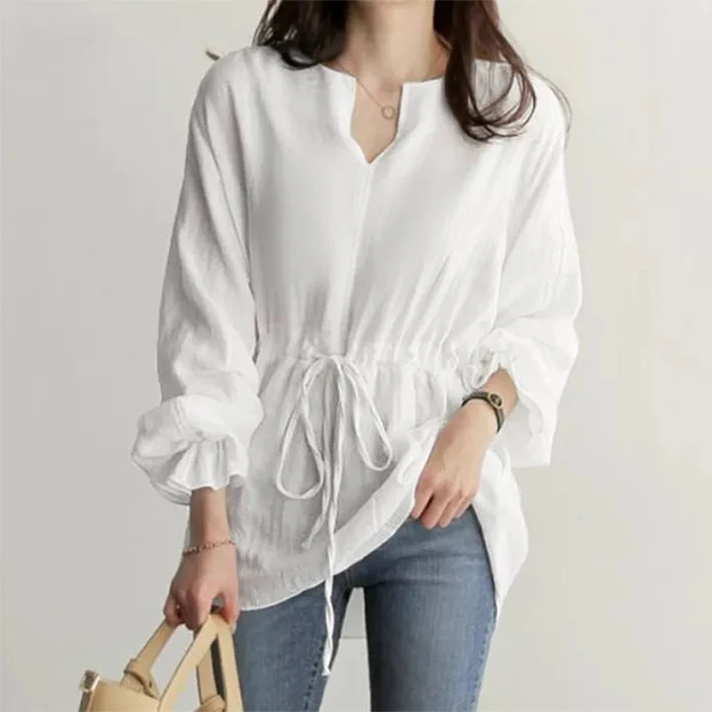 

2022 Summer Autumn Long Sleeve Fashion Shirts Women Drawstring Slim Waist White Blouse Office Lady Clothes V-Neck Pullover