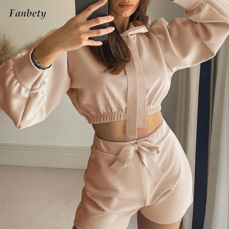 

Elegant Sportswear Solid Loose Tracksuits Sets Autumn Fashion 2Pc Suits Casual Long Sleeve Pullover Sweatshirts & Shorts Outfits