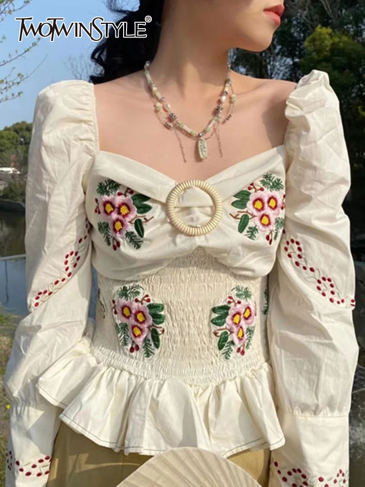 

TWOTWINSTYLE Slim Shirt For Women Square Collar Puff Sleeve Print Floral Colorblock Vintage Blouses Female Spring Clothing Style