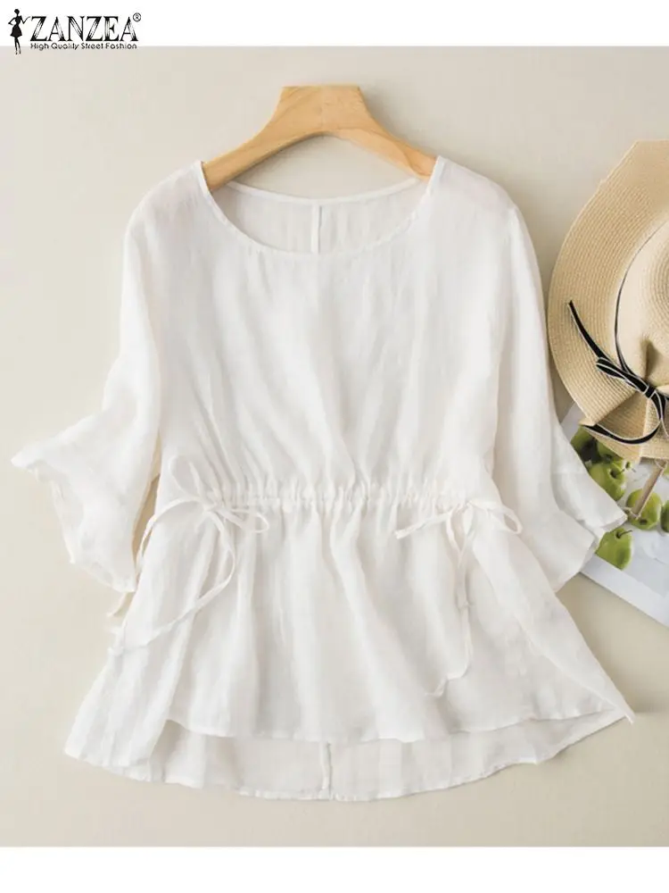 

Casual Office Bandage White Shirts ZANZEA Vintage Half Sleeve Tops 2022 Fashion O Neck Blusas Feminina Women Summer Solid Blouse