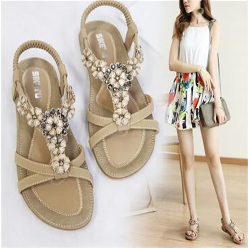 

Сандалии женские на плоской подошве, модные босоножки-гладиаторы со стразами, Повседневная летняя обувь для девушек, низкий каблук