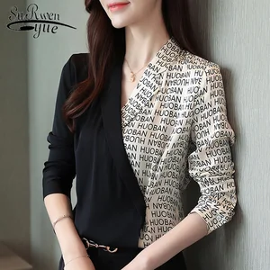 Шифоновые осенние женские Топы с длинным рукавом 2022, женские топы, блузка, рубашки для женщин с V-образным вырезом, блузы на пуговицах с надписью, женская одежда 6088 50