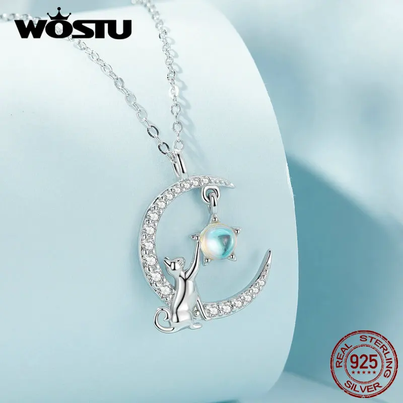 

WOSTU 925 Sterling Silver Cute Cat Necklace Star Zircon Moon Pendant Necklace for Women Fine Jewelry Gifts Adjustable CQN486
