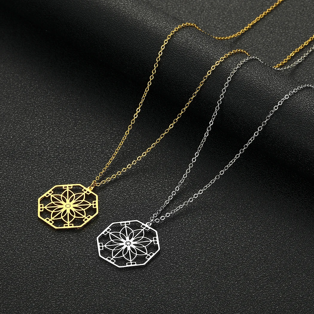 

Stainless Steel Octagon Mandala Flower Necklace Gold Plated Round Pendant