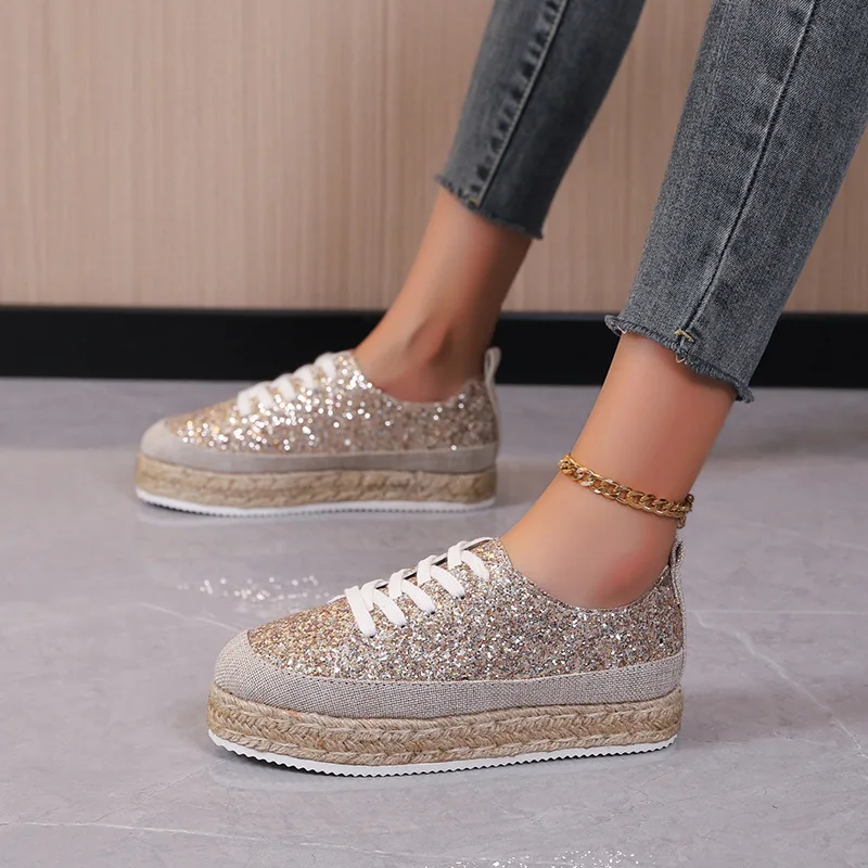 

Women Sneakers Woven Edge Sequins Gold Single Shoes Round Head Lace-Up Retro Platform Shoes Light Cozy Walking Vulcanized Shoes