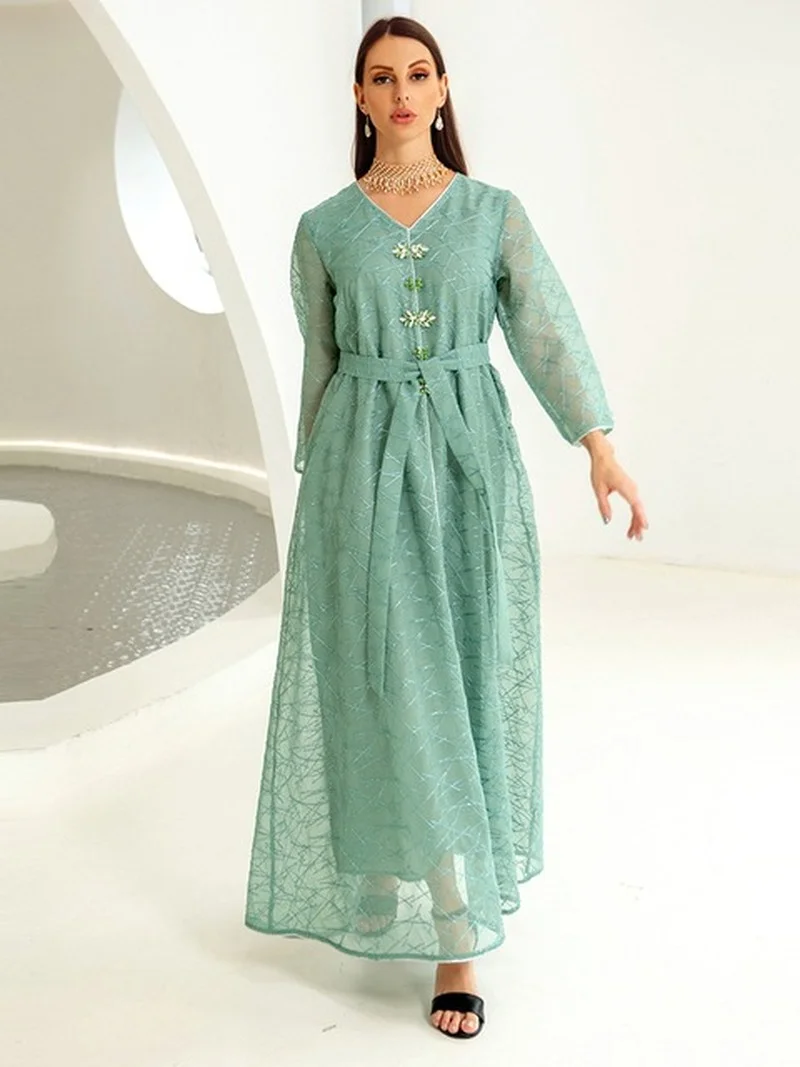Dresses For Women 2022 V-Neck Long Sleeve Mesh Rhinestone Beaded Belted Morrocan Kaftan Dress Muslim Clothing For All Season