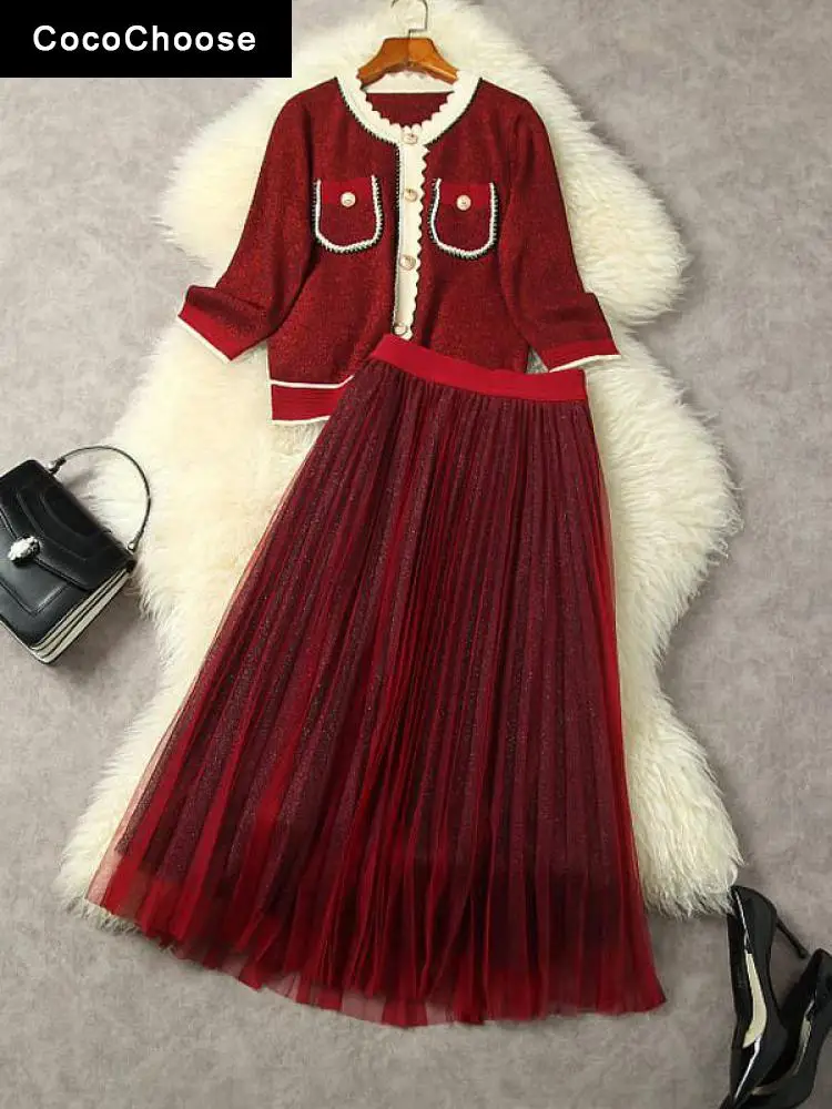 Autumn Winter Sweater Skirt Set Women Lurex Knitted Suit 2022 Runway Designer Elegant Pleated Dress Sets Xmas Party Outfits Red