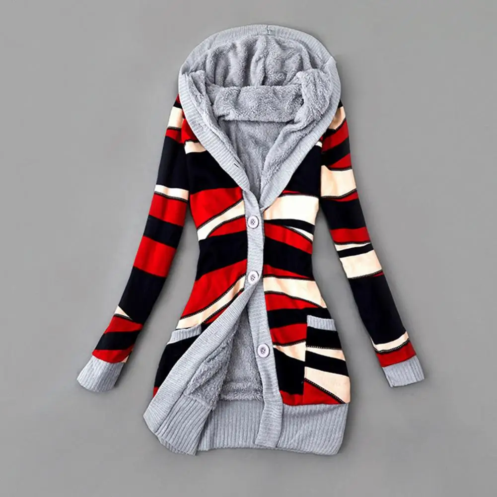

Ribbed Cuff Cold Resistant Slim Fit Striped Print Knitted Cardigan for Home