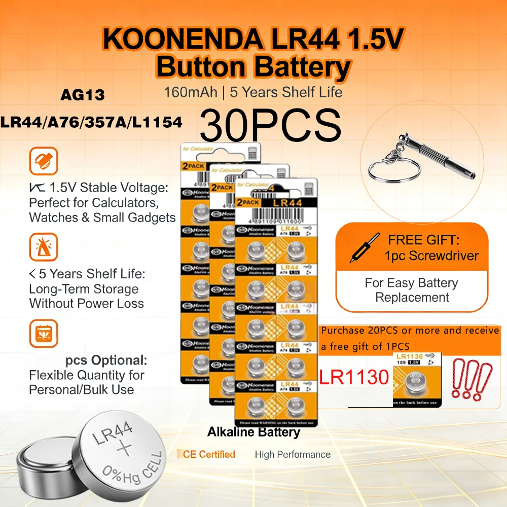 Фото 2-30 шт. LR44 1.5V кнопочные батарейки (L1154F/AG13/SR44/A76) щелочные элементы питания для калькуляторов, часов и электронных устройств №1