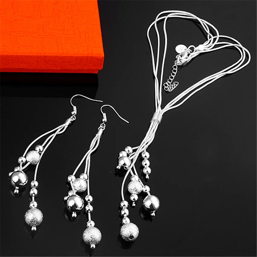 

Hot 925 Sterling Silver Jewelry sets for women 18 inches Fringed beads necklace earrings Fashion Party wedding Christmas Gifts