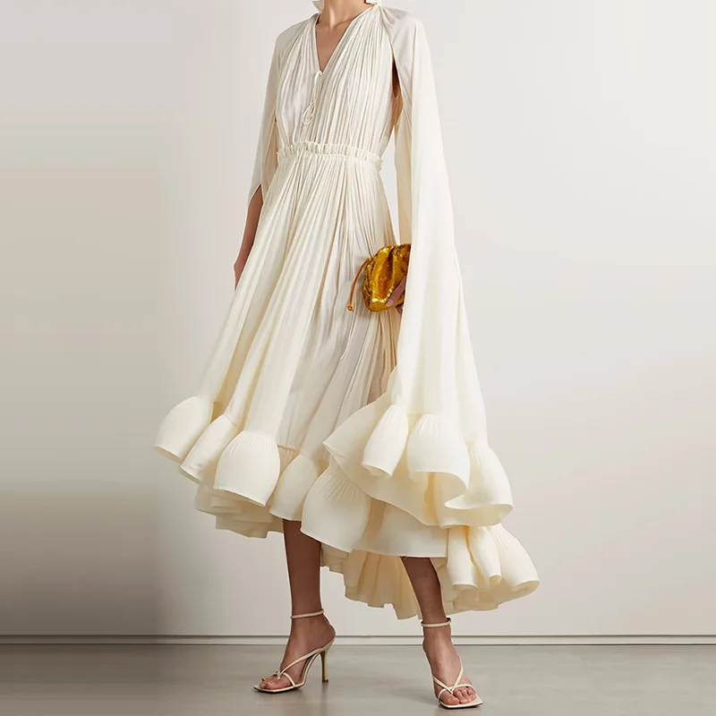 

White Dress Summer 2023 Minimalist Ruffles Irregular Elegant Chic Dress Female Clothing Women V Neck Cloak Sleeve High Waist
