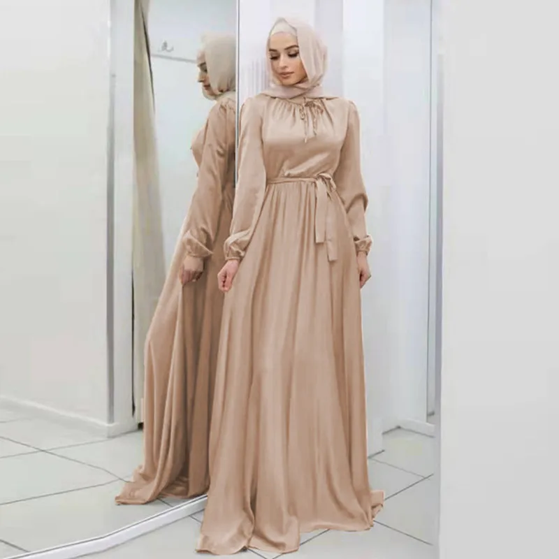 Muslim Abayas For Women 2023 Satin Long Dress Ramadan Belted Dubai Turkey Arabic African Maxi Dresses Islam Clothing Robes Black