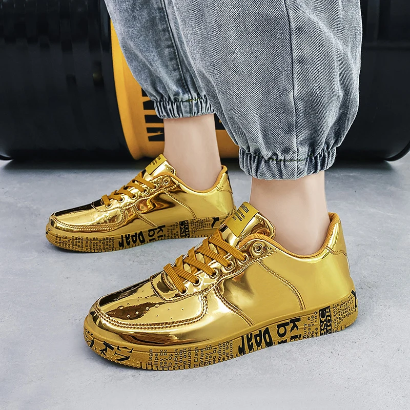Hot Sale Luxury Golden Mirrors Sneakers Men Streetwear Hip hop Skateboard Shoes Men Designer Glitter Shoes Couple Skate Sneakers