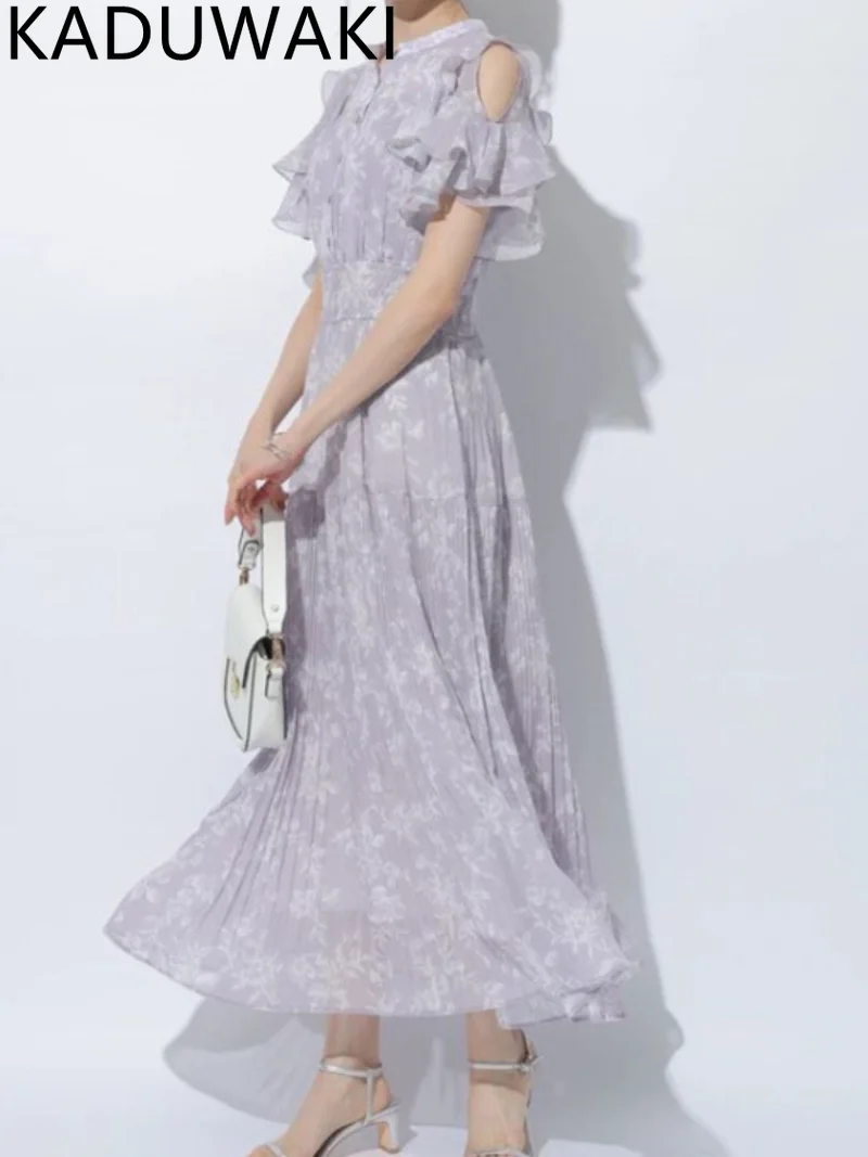 Japan Sweet Ruffles Off Shoulder Slim Wasit Dress Women Summer Short Sleeve O-neck Robe Vintage Printed Vestidos De Mujer Moda