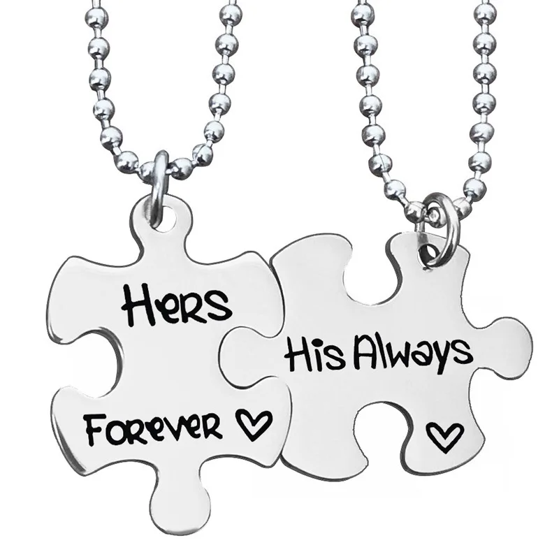 

2022 New Trendy Lover Stainless Steel Couple Necklace for Women Girls Hers Forever His Always Aesthetic Puzzle Pendant Keychain