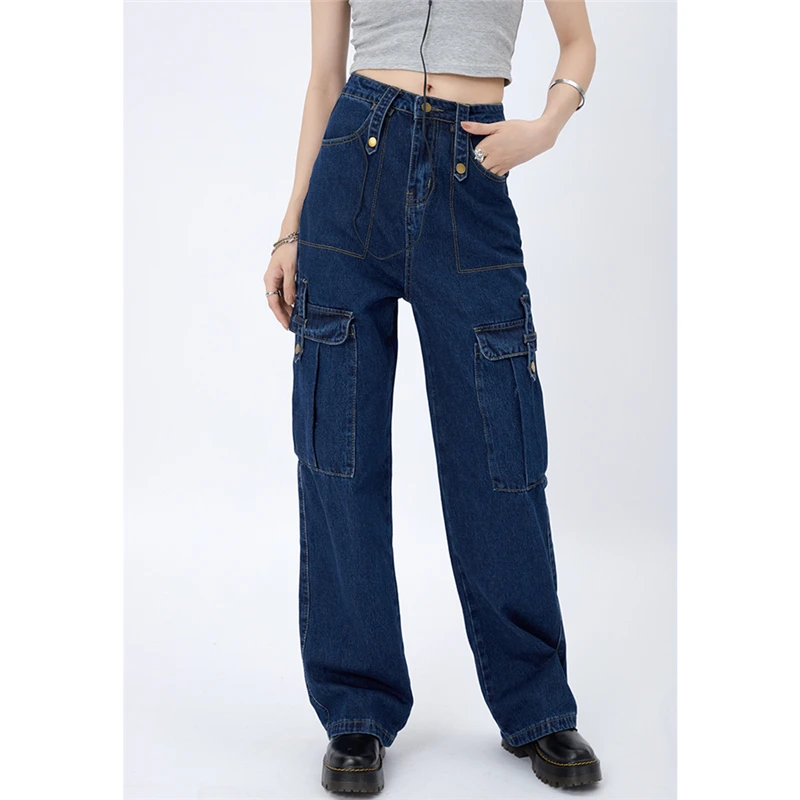 

Джинсы женские с завышенной талией, винтажные прямые свободные брюки из денима с широкими штанинами, в американском стиле, для отдыха, темно-синие, на осень