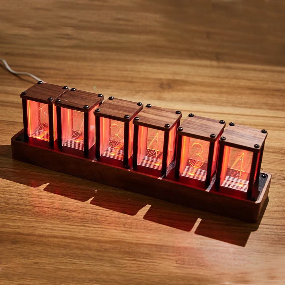 

RGB светодиодные трубчатые часы, винтажные цифровые часы Nixie, 12/24 часов, регулируемая фотография, основание из орехового дерева, украшение сто...