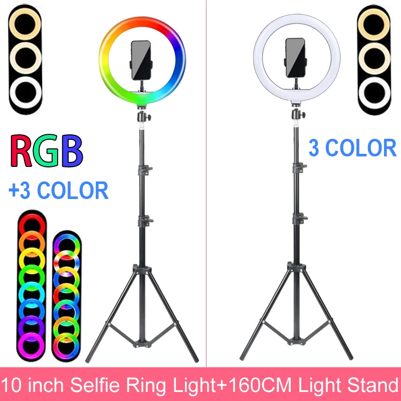 10 Inch Ring Light Lamp RGB 3 Color With Stand Tripod 160cm LED Selfie Live Show Light Phone Holder Professional