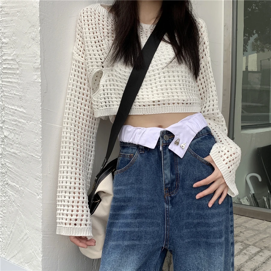 

High Waist Double Waist Blue Jeans Women's Spring Autumn New Simple Neutral Pants Loose All-match Washed Denim Trousers Female