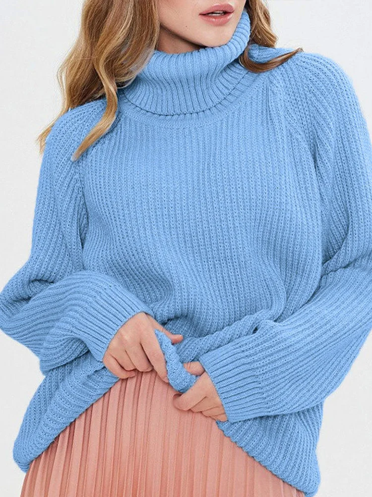 

Knitted Blue Women's Turtleneck Sweater Pullovers Female Long Sleeve Top Autumn Winter Soft Ladies Sweaters Jumper
