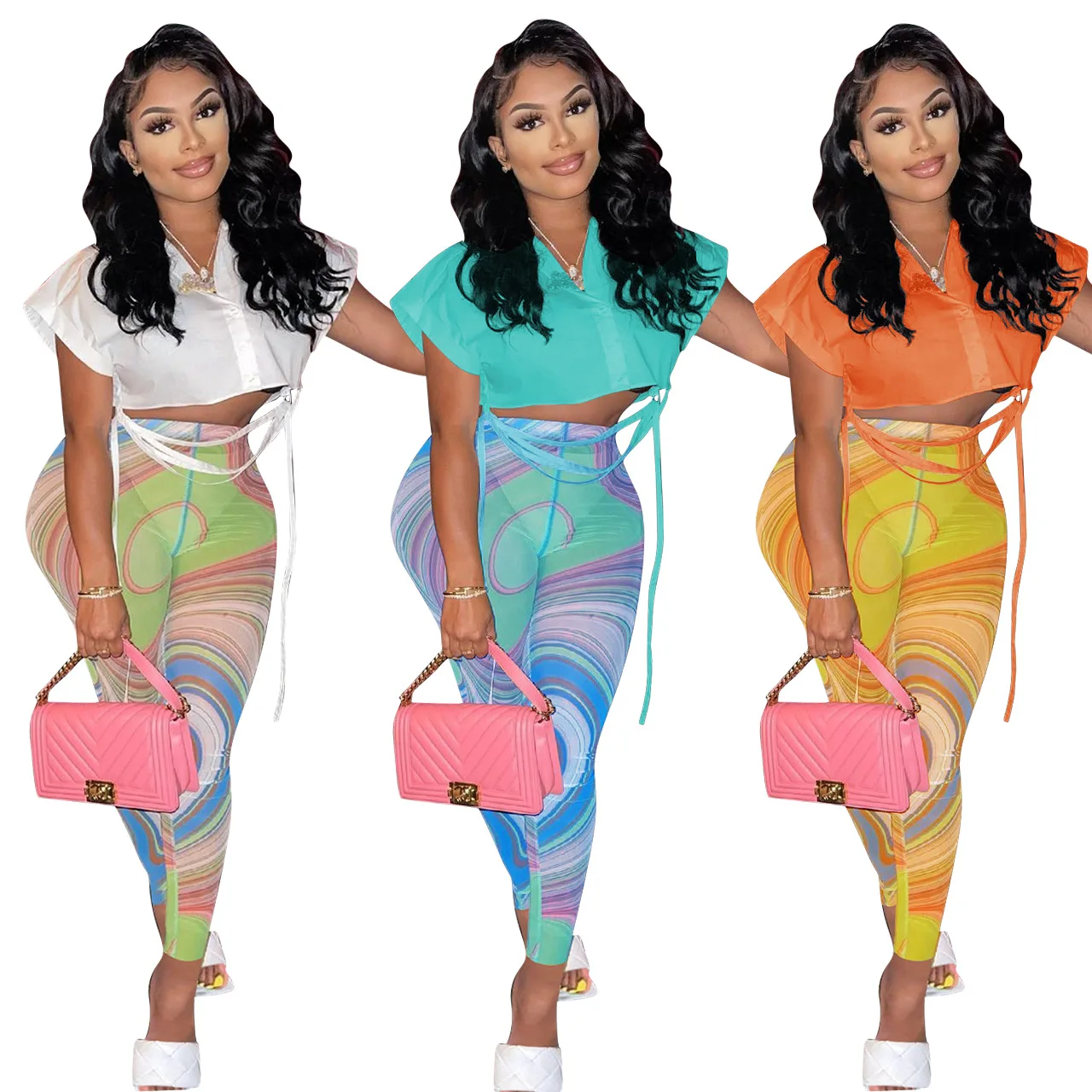 

Sexy 2 Two Piece Set Women White office Lapel Lace Up Crop Tops Shirts Printing Mesh Pants Sets 2022 Clubwear Matching Outfits