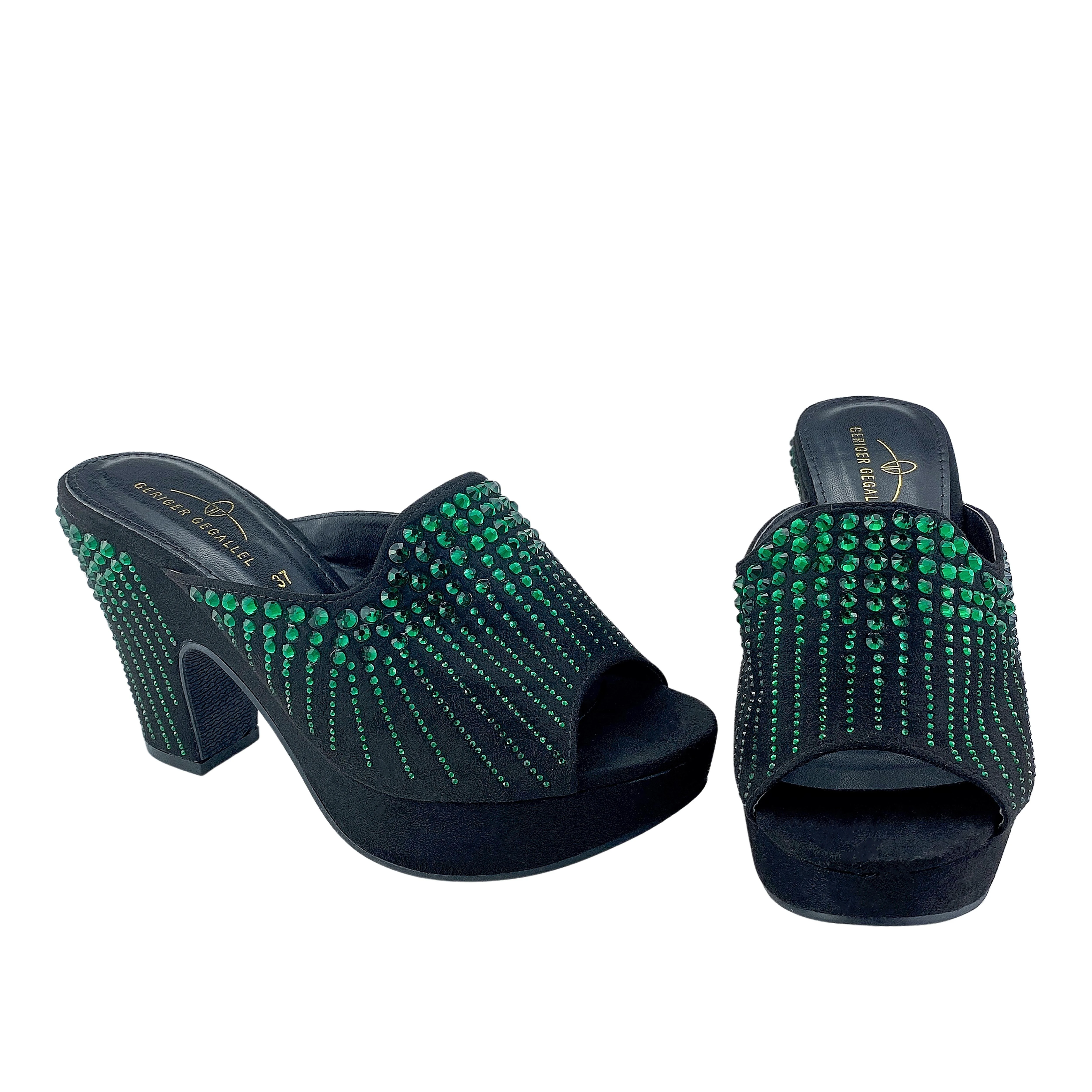 Green Rhinestone Women's Pumps Chunky Sandals Open Toe Slip on High Heels 3cm Platform Plus Size 41 42 NEW Designer Sandal Lady