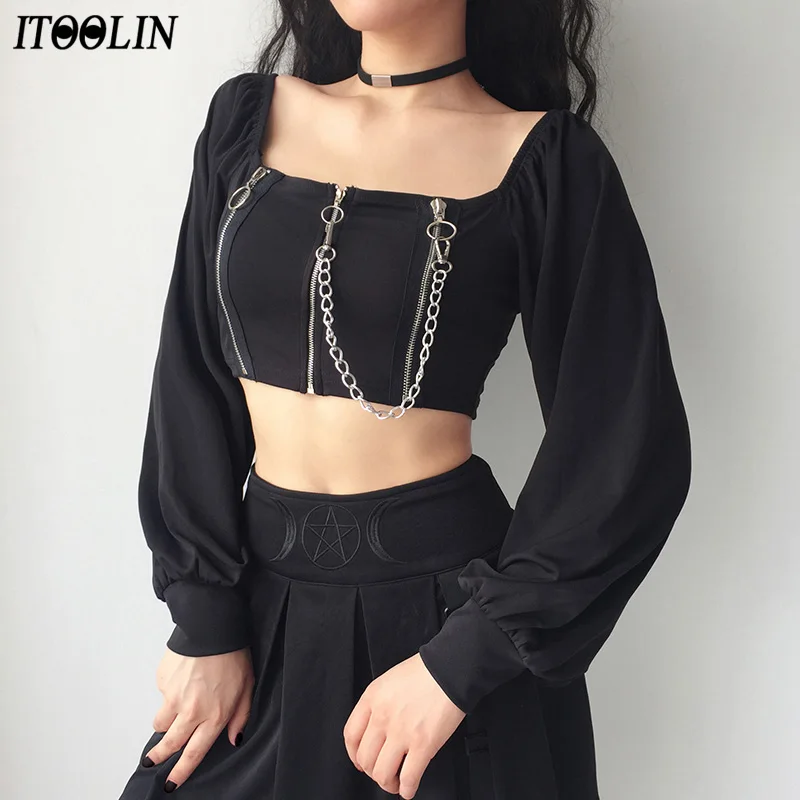 

ITOOLIN Women Y2k Chains Tees Dark Black Gothic Zipped Top Women Sexy Off Shoulder T-shirts Clubwear Long Sleeve Crop Tops Knit